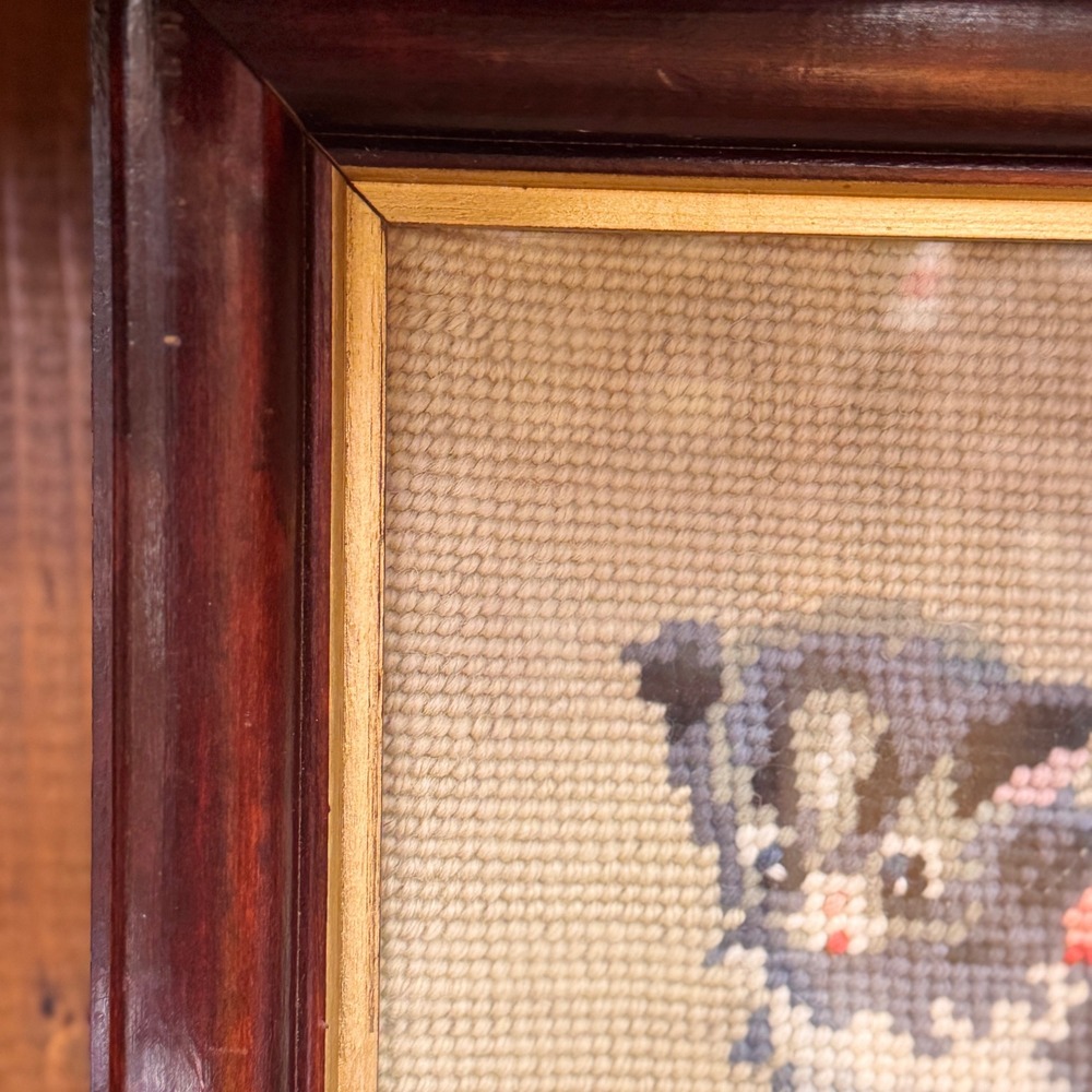 Vintage Framed Needlepoint Art Grey Kitten with Pink Bow Wood Gold Frame - Picture 7 of 7